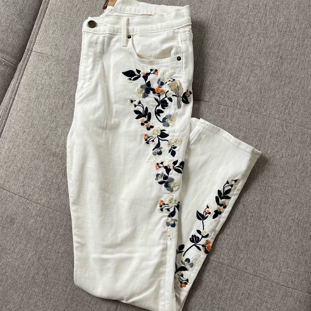 Floral Embroidered White Jeans